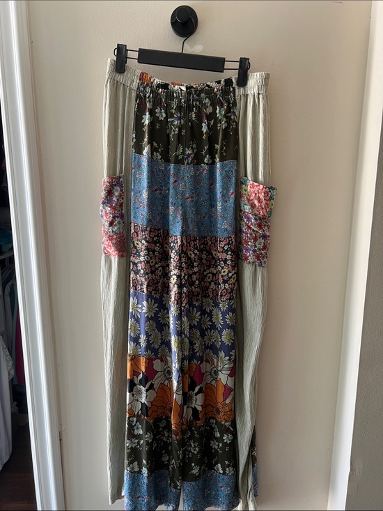 Young Threads Pants - Patchwork Floral Flowy Pants in Olive, Blue & Cream